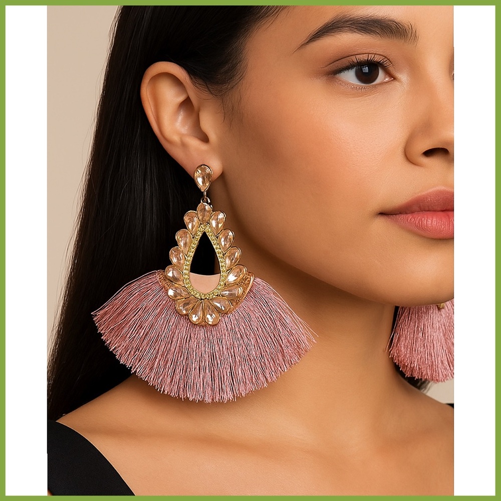 Noir Embellished Pink & Gold Tassel Earrings